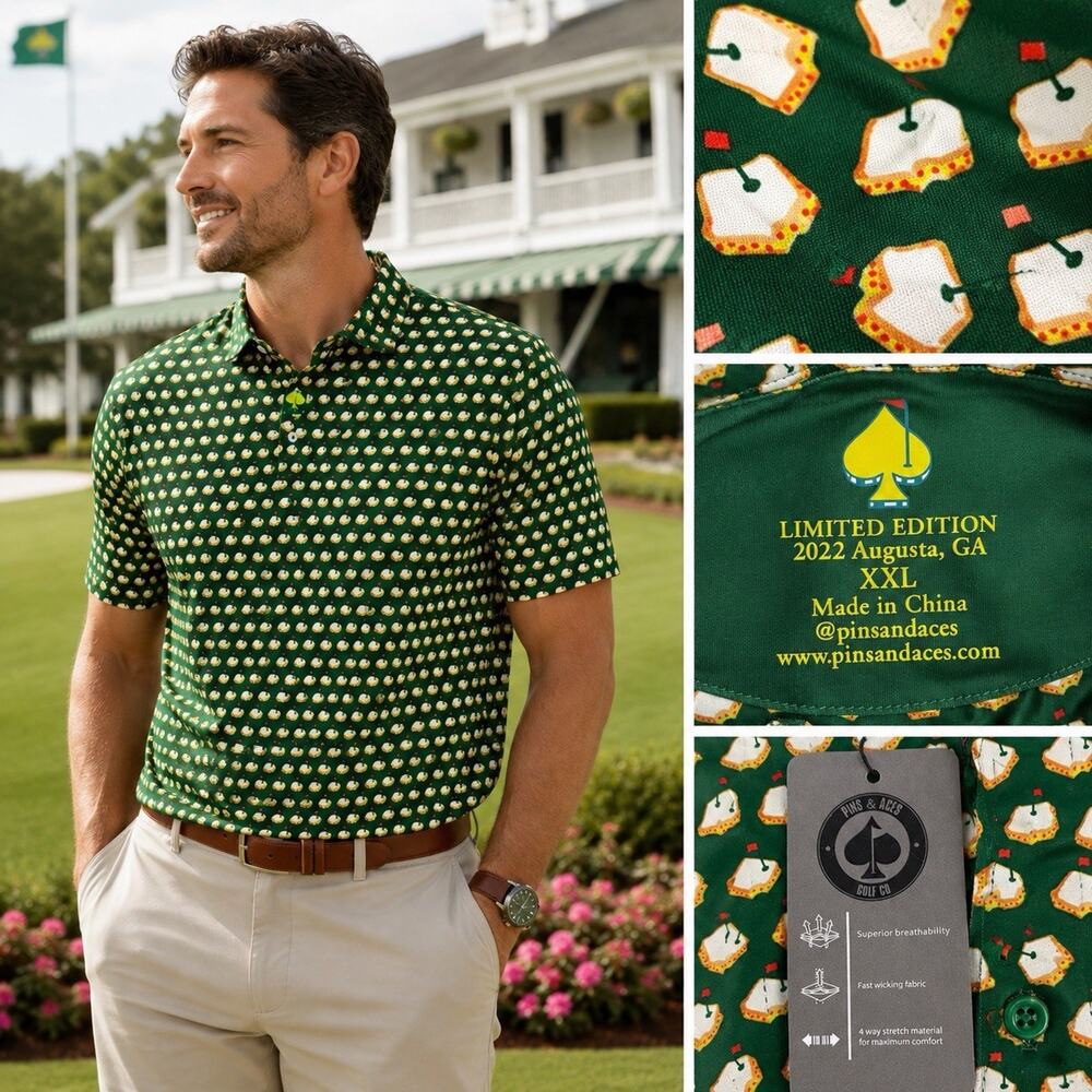 Pins & Aces Limited Edition 2022 Augusta Masters Golf Pimento Cheese Polo Shirt